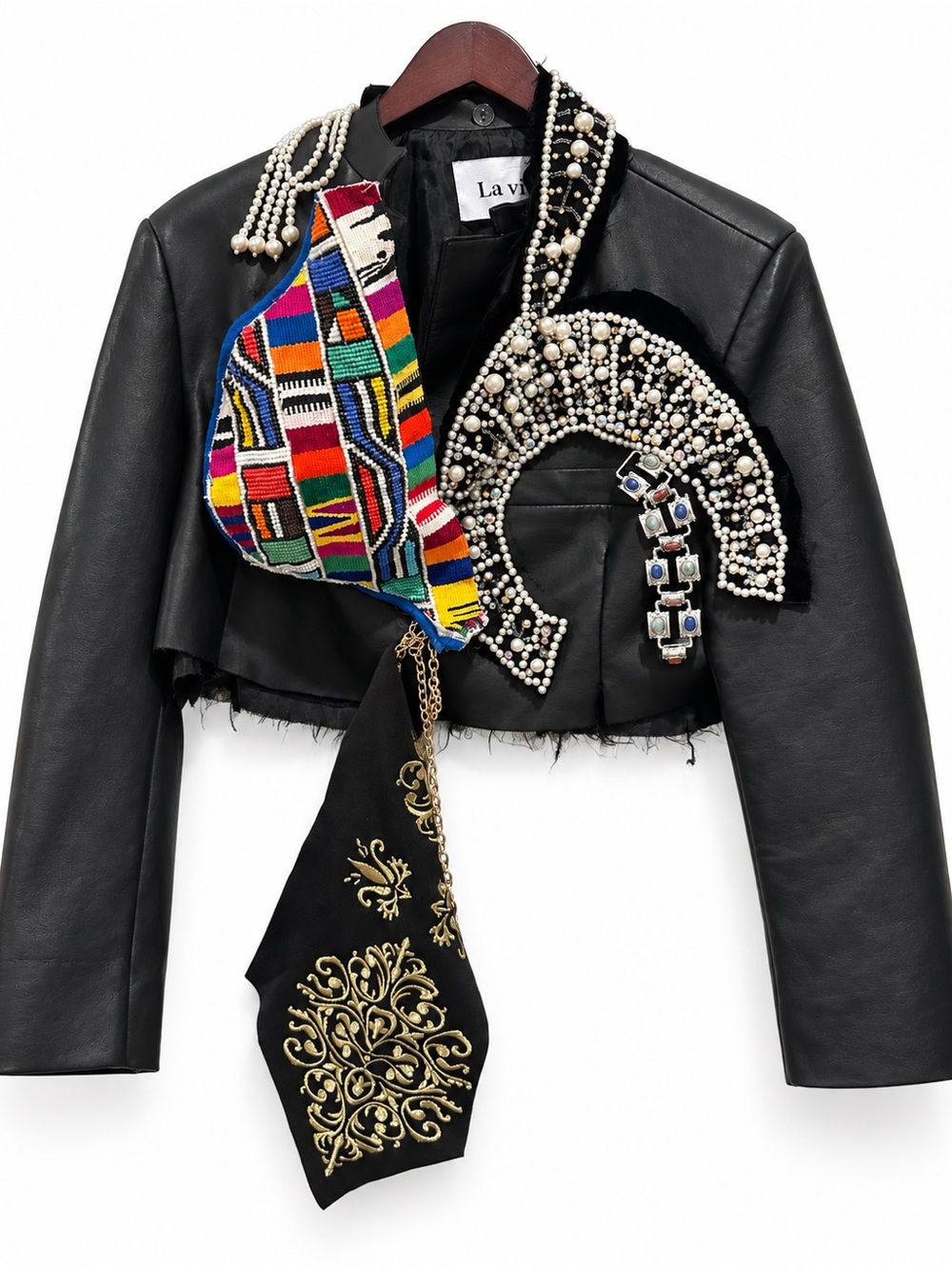 Black Embellished Cropped Leather Jacket